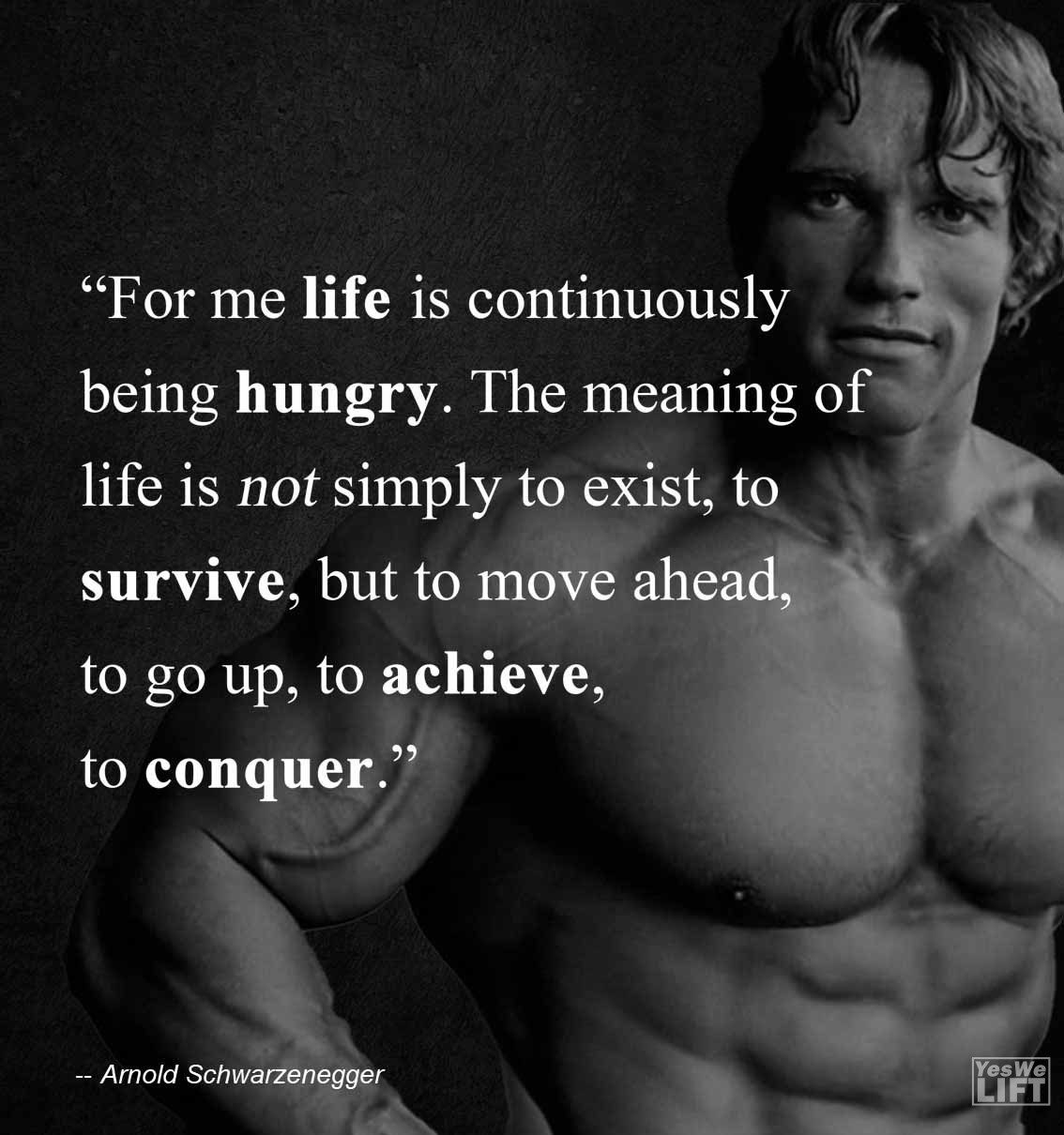 Arnold Shwarzenegger For Me Life Is Continuously Being Hungry The Meaning Of Life Is Not Simply To Exist, To Survive, But To Move Ahead, To Go Up, To Achieve, To Conquer