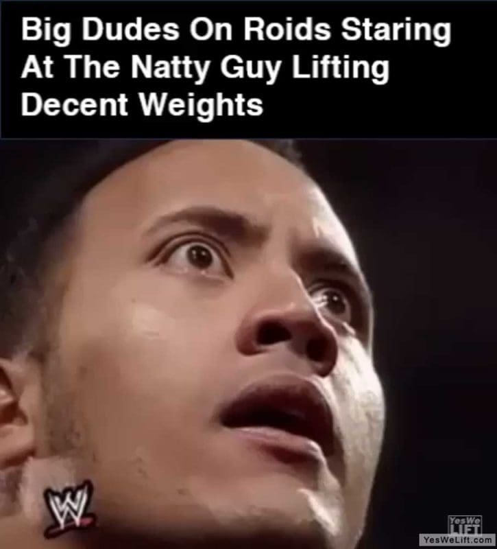 Big Dudes On Roids Staring At The Natty Guy Lifting Decent Weights GIF