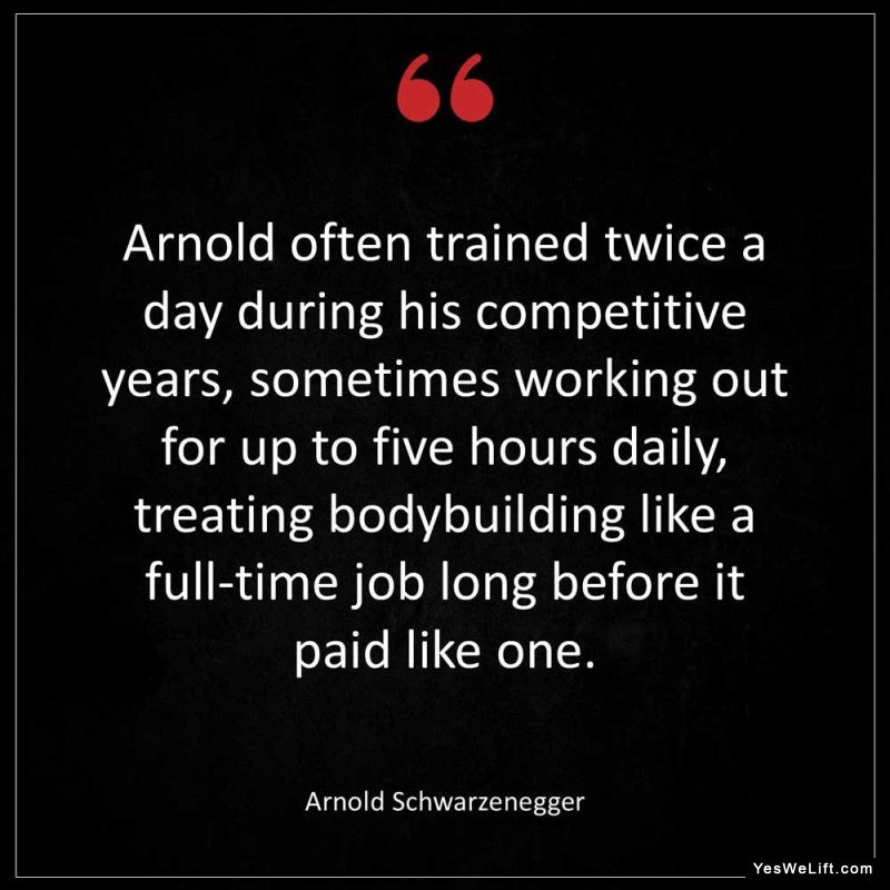 Arnold Schwarzenegger Arnold often trained twice a day during his competitive years sometimes working out for up to five hours daily treating bodybuil